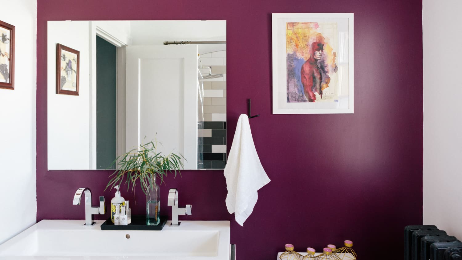 lavender black and white bathroom